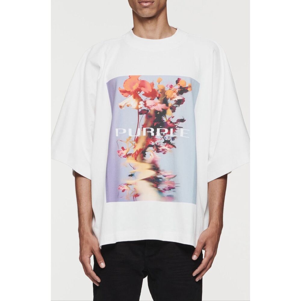 PURPLE Brand Oversized Floral Graphic T-Shirt White Streetwear Tee SZ L Mens